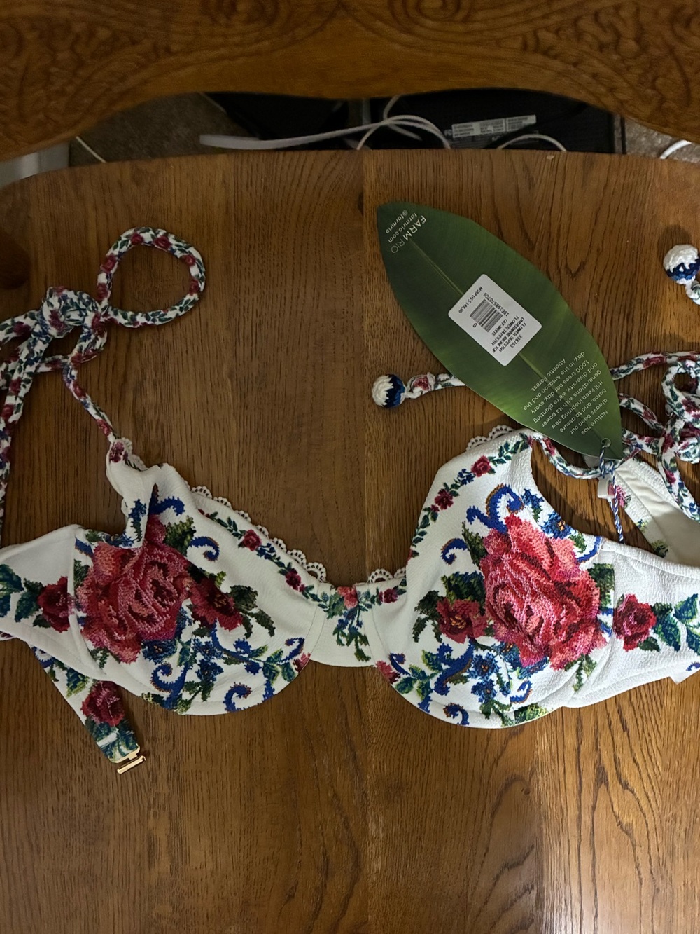 Embroidered Floral Underwire Bikini top- White with Pink Rose Accents